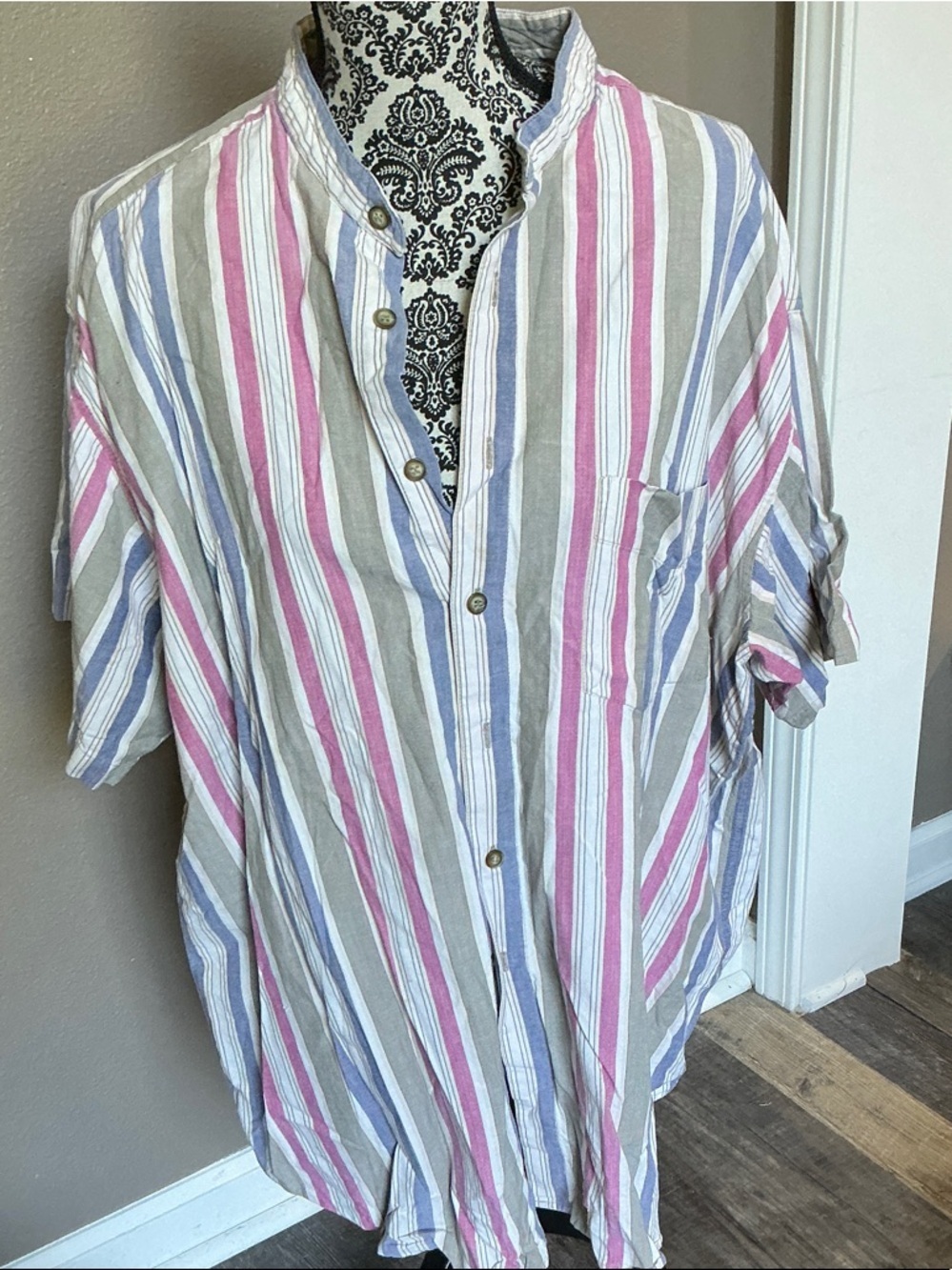 Relaxed Striped Short-Sleeve Button-Down Shirt - Pink, Blue & Gray Size 2X